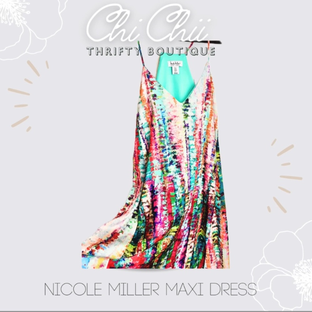 NICOLE MILLER Watercolor Maxi Dress with Pockets Spaghetti Straps Racerback S-M